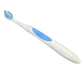 Angled view of blue electric sonic toothbrush with blue oval control on white handle