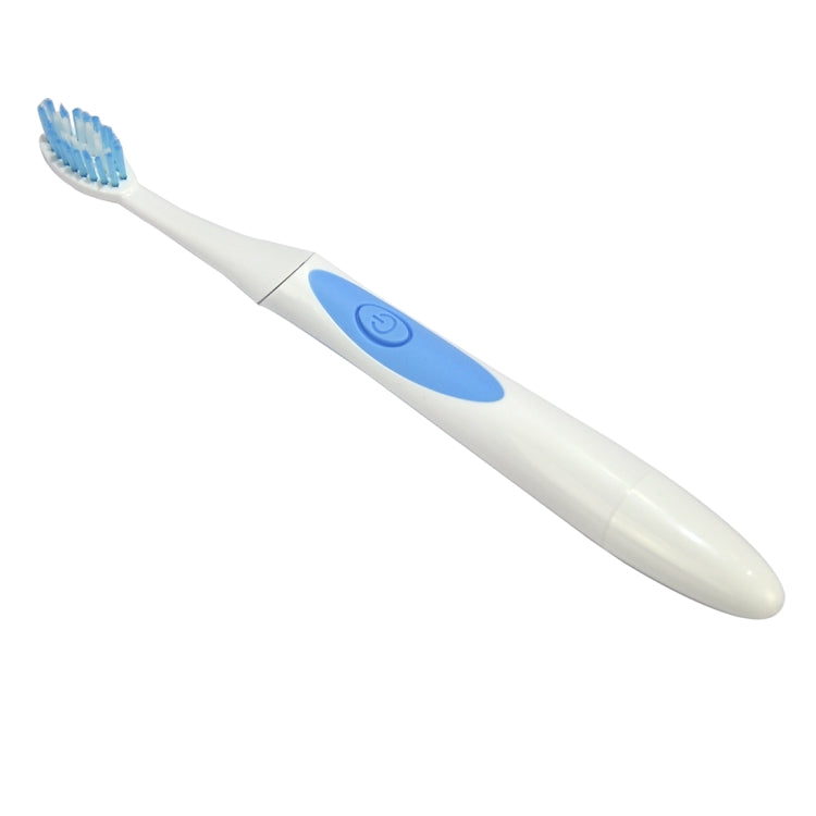 Angled view of blue electric sonic toothbrush with blue oval control on white handle