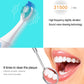 Electric sonic toothbrush with blue bristles shown brushing teeth