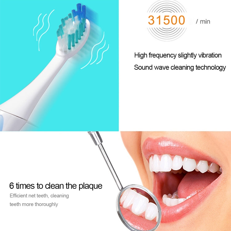 Electric sonic toothbrush with blue bristles shown brushing teeth