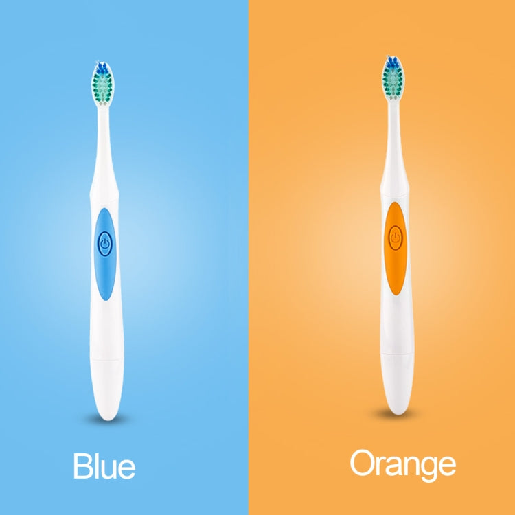 Blue and orange electric sonic toothbrushes with white handles and blue bristle heads