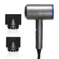 Black hair dryer with silver barrel and two nozzle attachments for styling