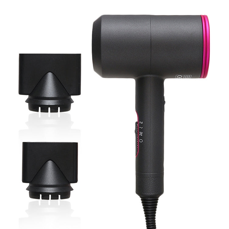 Black hair dryer with pink-ring barrel and two black nozzle attachments