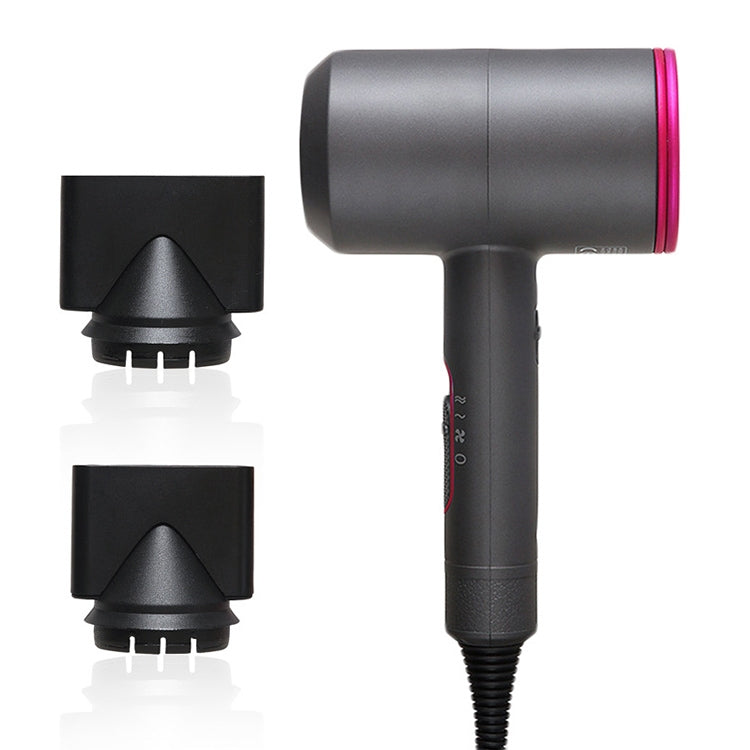 Grey hair dryer with pink ring and two concentrator nozzles, UK plug