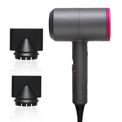 Grey hair dryer with pink ring and two concentrator nozzles, UK plug