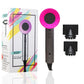Hair dryer with purple nozzle and two black attachments, includes UK plug packaging