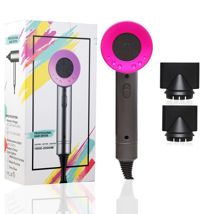Hair dryer with purple nozzle and two black attachments, includes UK plug packaging