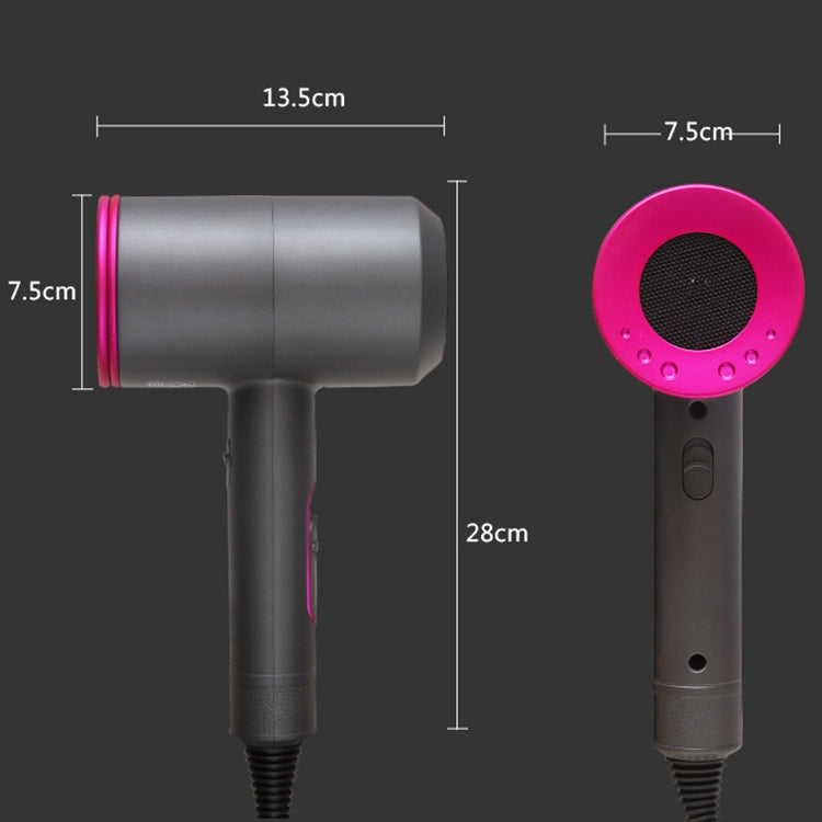 Grey hair dryer with pink air outlet grille and slim handle, size view