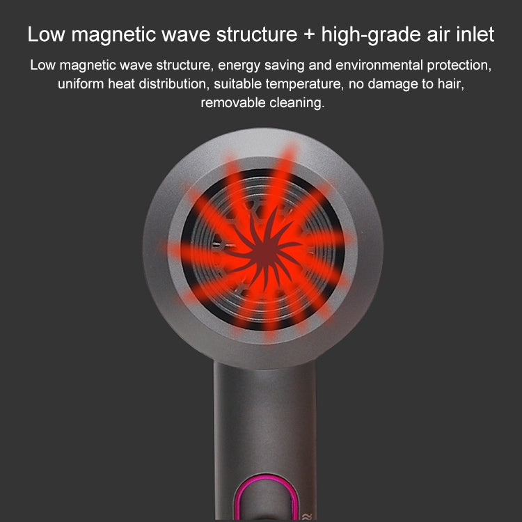 Grey hair dryer with vented air inlet and airflow fan graphic