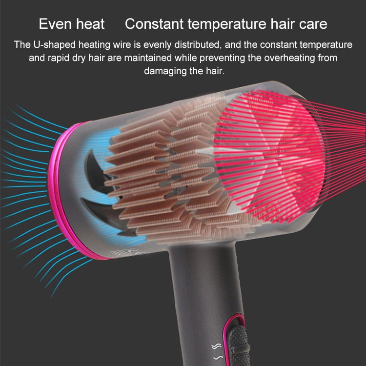Grey hair dryer with pink-ring nozzle and internal airflow heating graphic