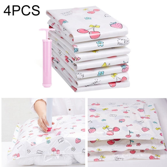 Set of 4 white vacuum storage bags with colorful fruit-and-flower pattern and pink pump