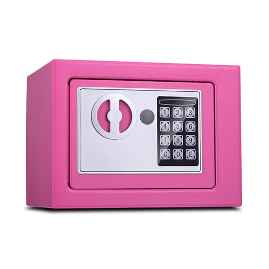 Pink electronic keypad wall safety lock box with key cylinder and number pad