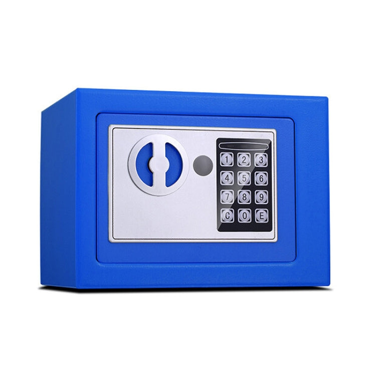 Blue mini electronic lock box with number keypad and key-shaped lock panel