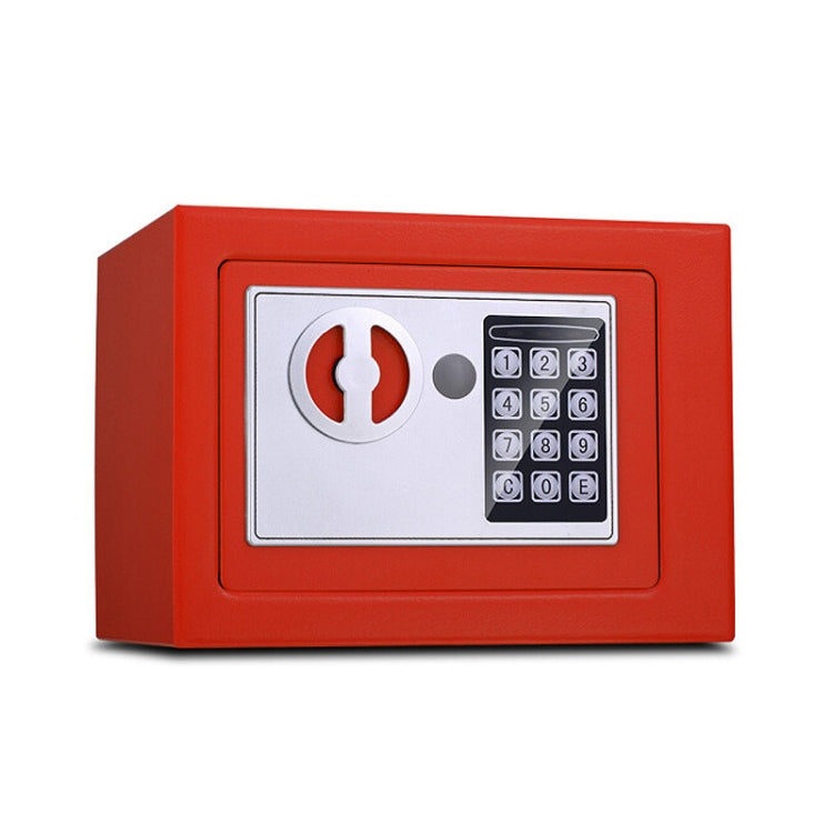 Red mini electronic lock box with keypad and key-shaped lock panel