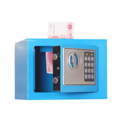 Blue wall safety lock box with electronic keypad and open door storage compartment