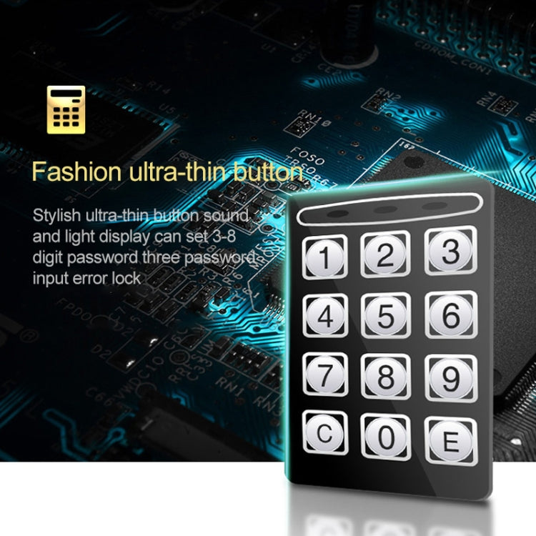 Metal keypad lock panel with numbered buttons and keyhole, compact wall box