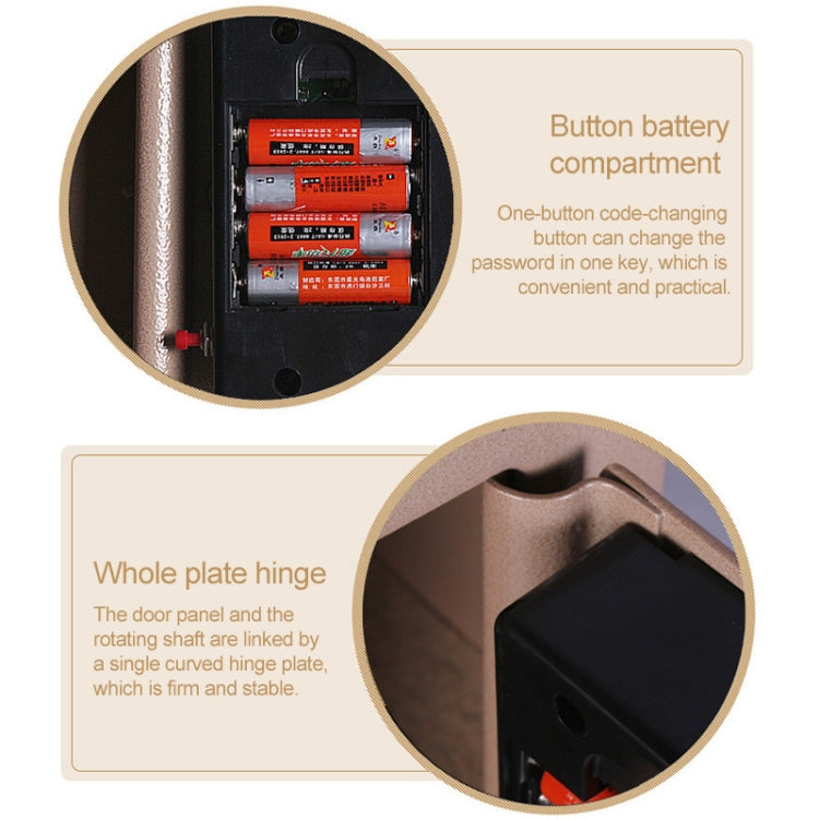 Electronic lock box interior view showing button battery compartment and whole plate hinge