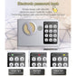 Grey electronic password lock box with keypad, circular knob, and indicator lights