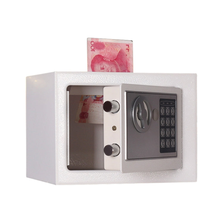 White metal wall lock box open, showing coin compartment and keypad lock panel