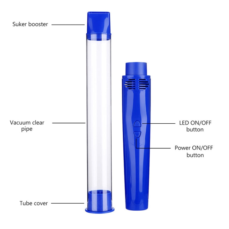 Blue and clear vacuum insect suction tube catcher with power and LED on/off buttons