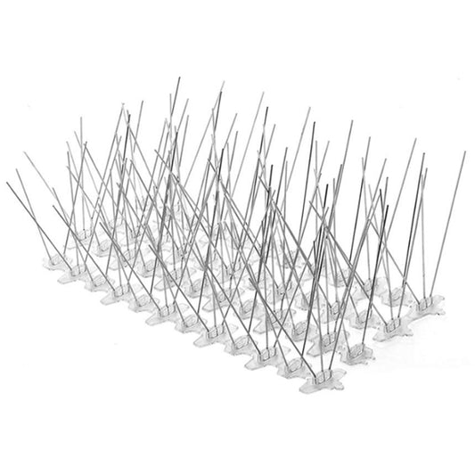 Stainless steel bird spike strip with long needle points in a straight row