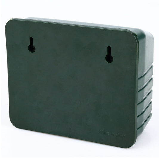 Ultrasonic rat repeller, dark green rectangular device with two top indicator openings