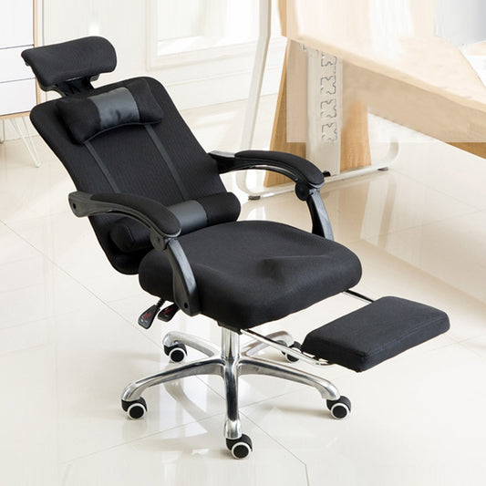Black office computer chair with padded headrest, armrests, and retractable footrest on casters