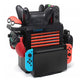 Charging base stand with black frame, vented core, and docked red/blue controllers