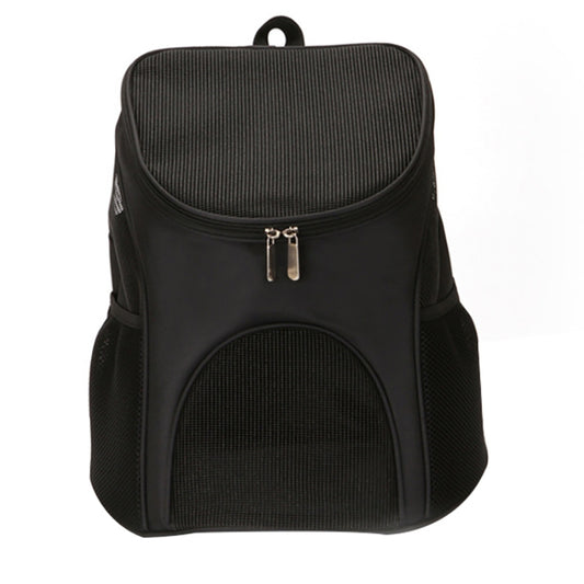 Black portable folding pet carrier backpack with rounded top, front mesh window, and zip closure