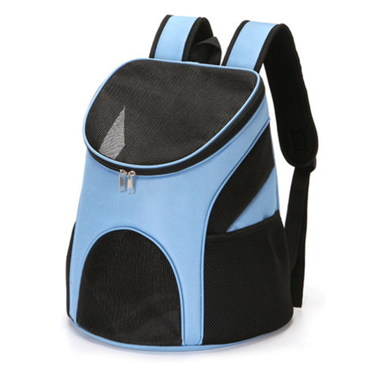 Blue pet carrier backpack with arched front mesh opening and side shoulder straps
