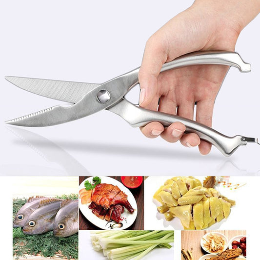 Stainless steel poultry and fish bone shears, held in hand with finger loops