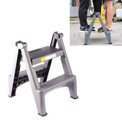 Gray double-sided folding ladder step stool with wide tread and foldable legs