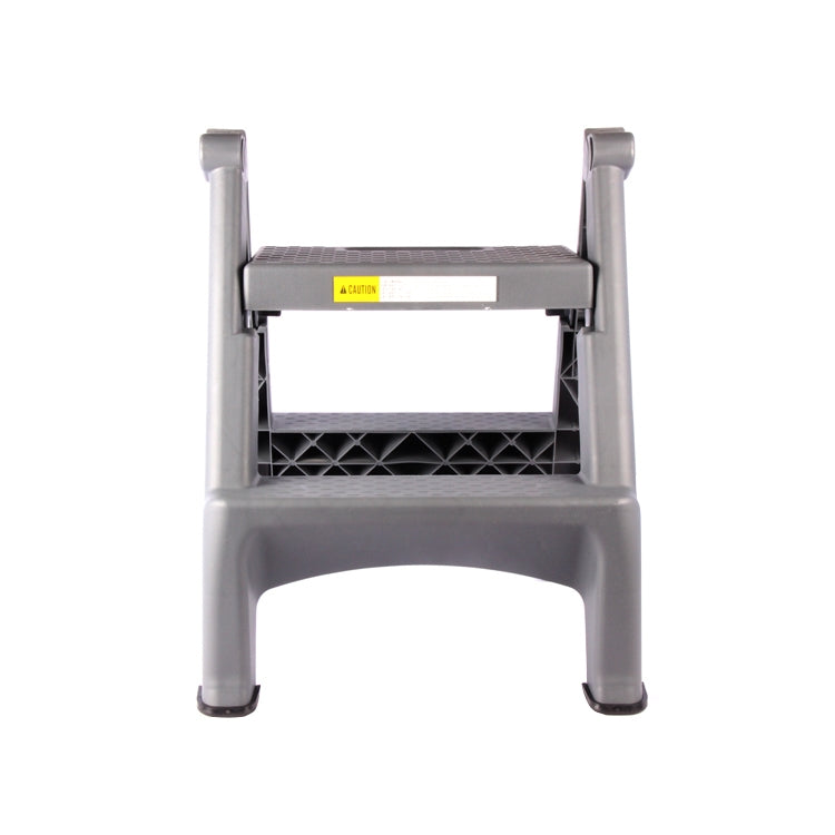 Gray folding step ladder stool with two side rails and mesh platform