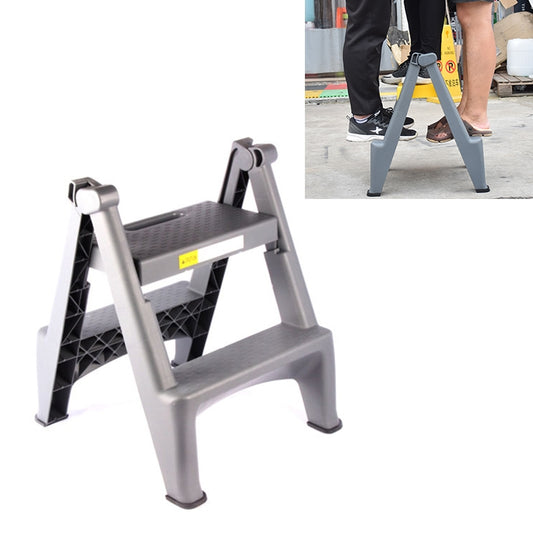 Gray double-sided folding ladder step stool with wide tread and foldable legs