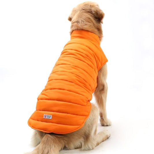 Reversible dog puffer jacket, orange padded coat with small chest logo patch