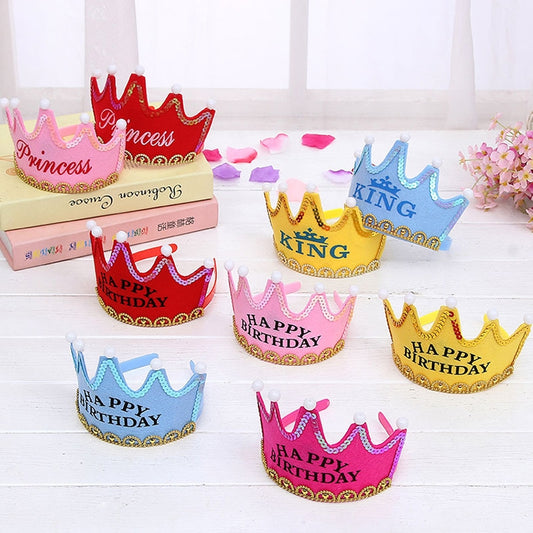 Assorted glitter LED crown birthday hats with HAPPY BIRTHDAY and crown lettering