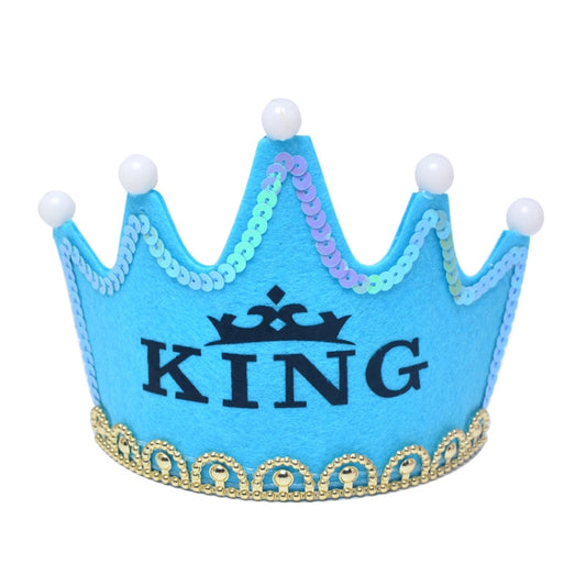 Blue KING LED birthday crown hat headband with white pom-poms and sequin trim