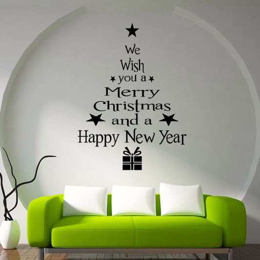 Black Christmas wall decal arranged in a circle with gift icon and holiday message.