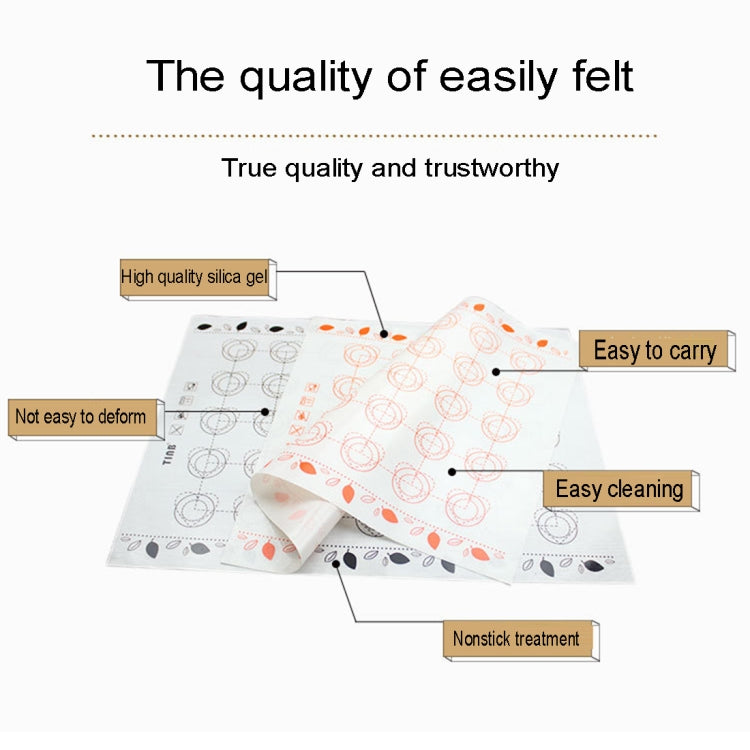 Baking mat features diagram with gel layer and easy-clean icons