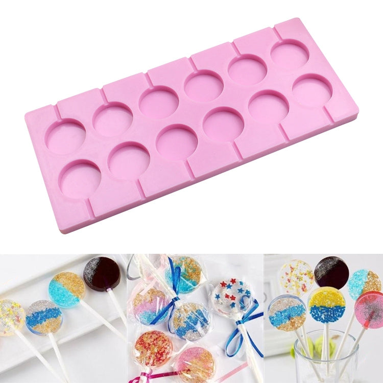 Pink silicone lollipop chocolate mold tray with 12 circular cavities for candy pops