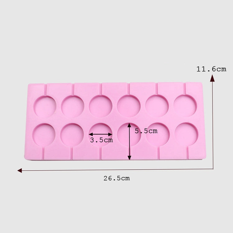 Pink silicone lollipop chocolate mold tray showing cavity layout and size measurements