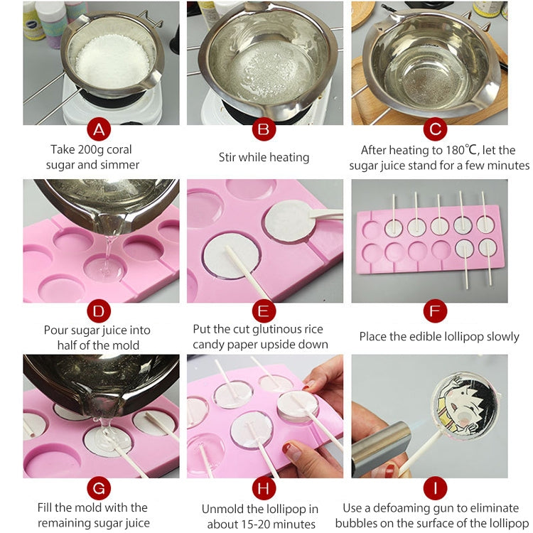 Pink lollipop chocolate mold tray with step-by-step use instructions diagram