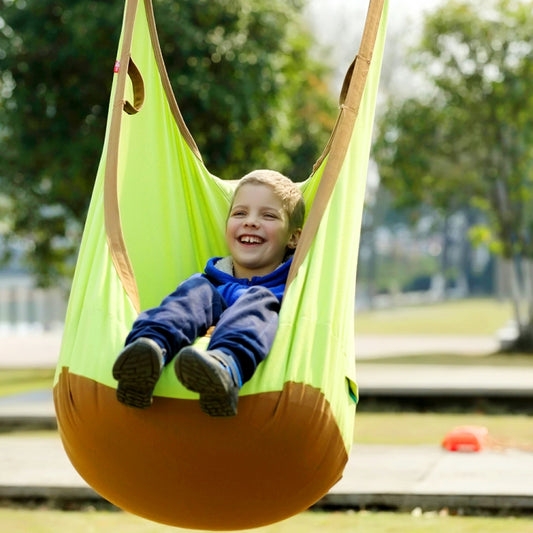 Kids cotton canvas hanging hammock swing, lime and brown seat with rope straps