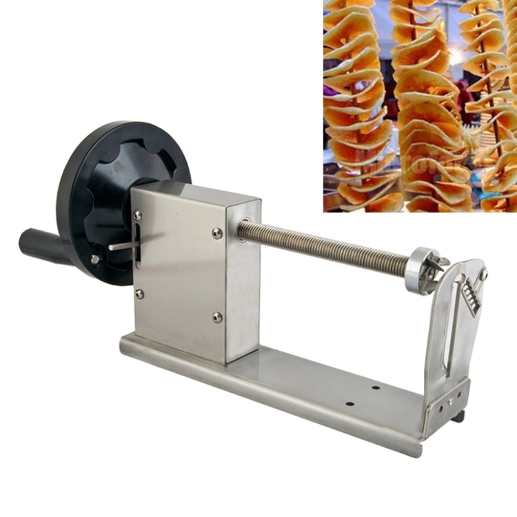 Manual potato spiral slicer with stainless steel base and crank handle