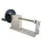 Manual potato spiral slicer with black wheel, stainless steel frame, and crank bar