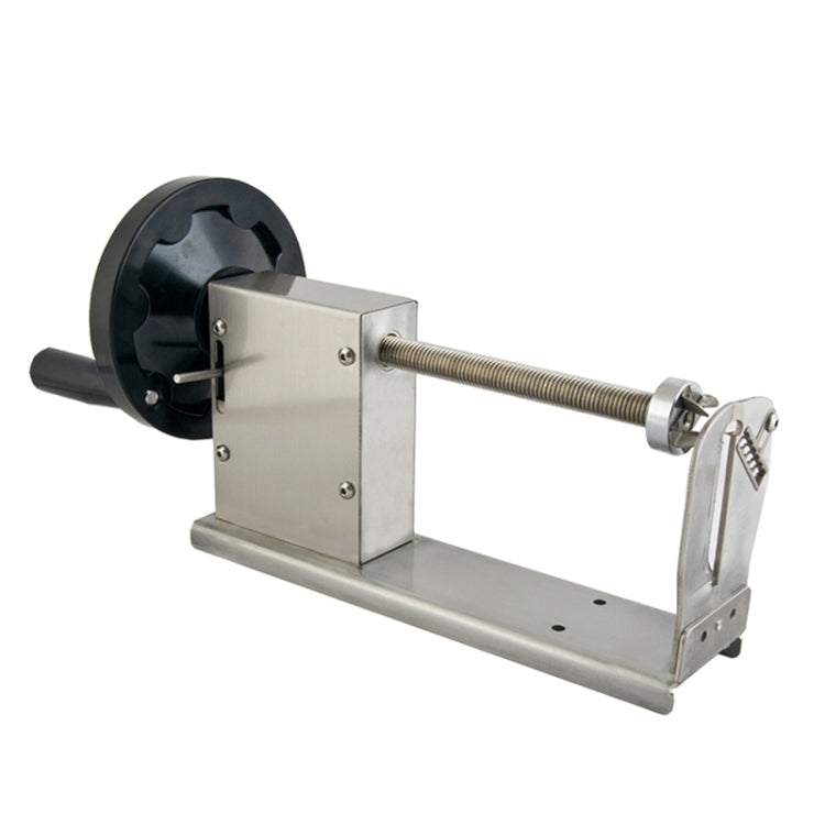 Manual potato spiral slicer with black wheel, stainless steel frame, and crank bar