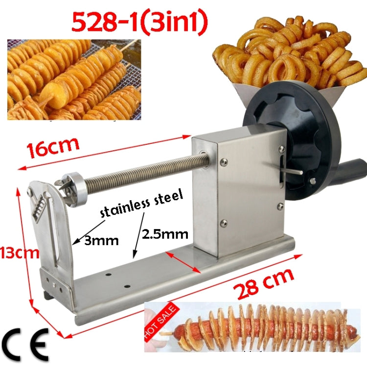 Manual potato spiral cutter with stainless steel base and black twisting wheel