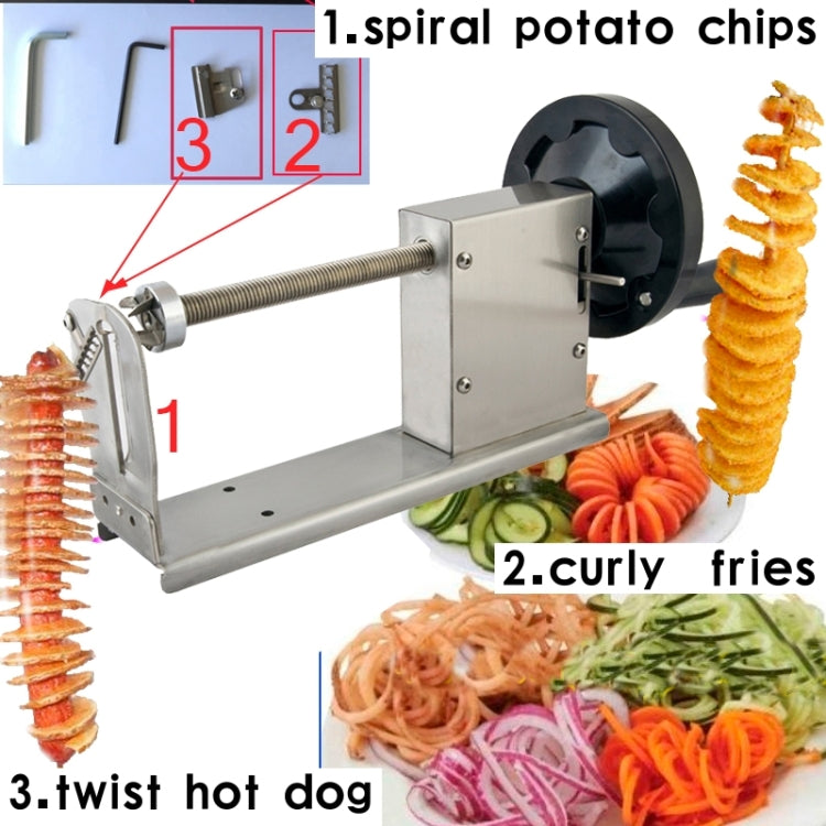 Manual potato spiral cutter with stainless steel frame and black wheel, 3 styles