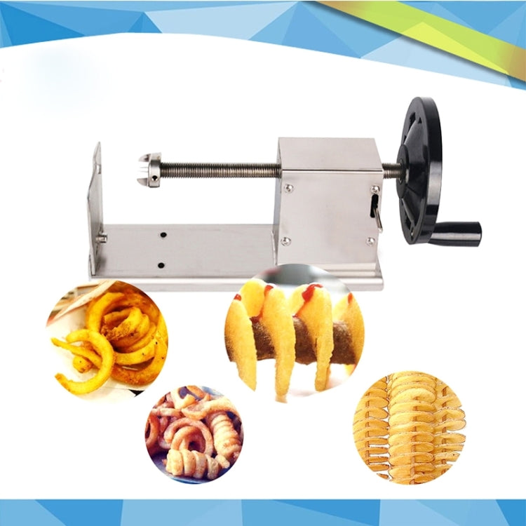 Manual potato spiral slicer with stainless steel body, black wheel, and fry samples