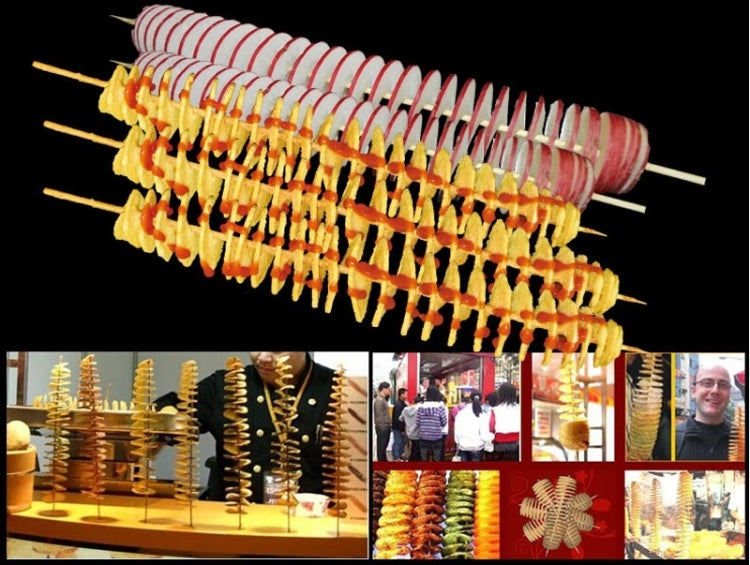 Spiral potato fries on skewers with manual slicer, curled shape display